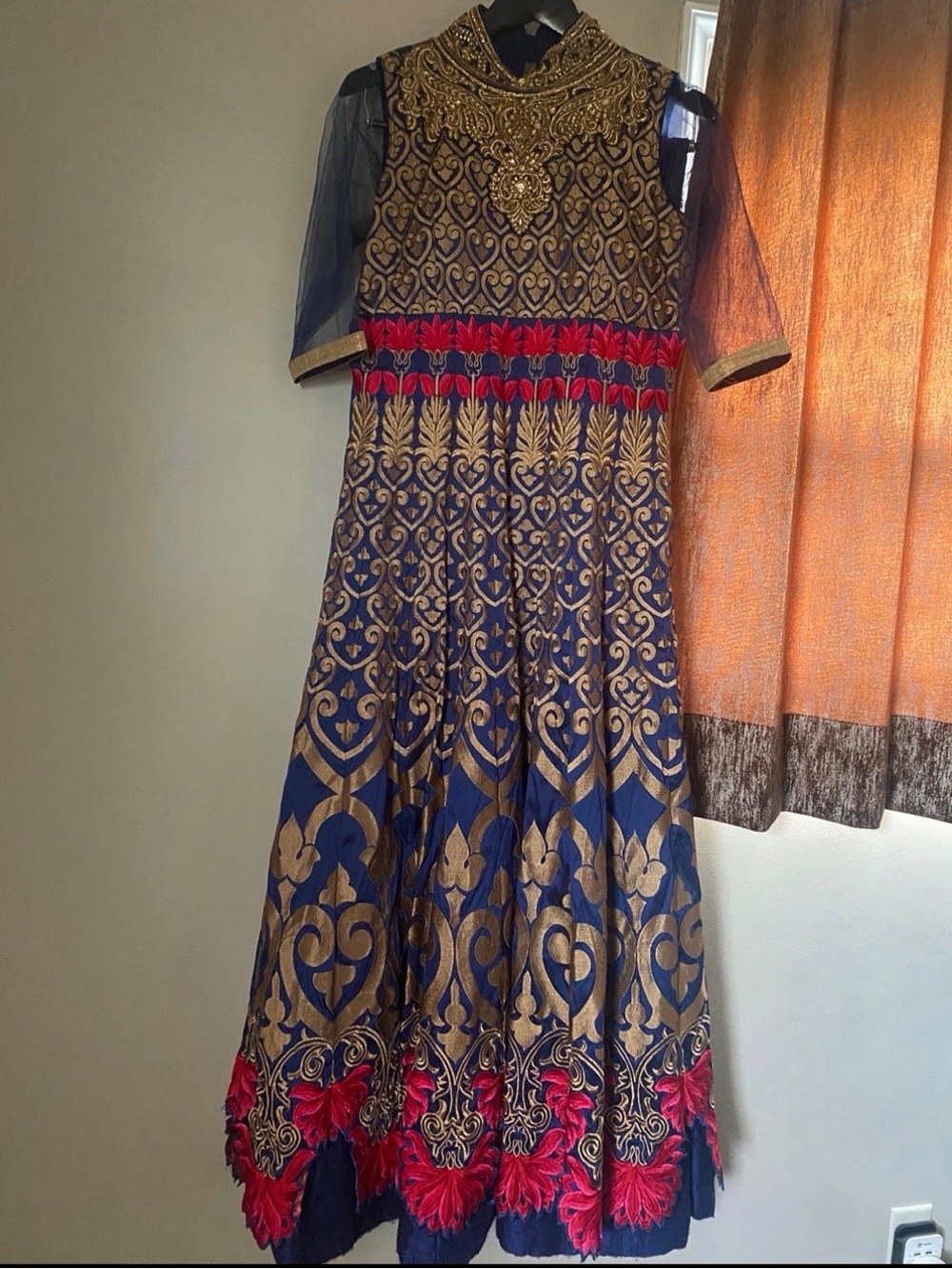 Embellished Navy & Gold Maxi Dress with Red Accents